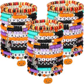 Siifert 48 Pcs Halloween Bracelets Set Stackable Heishi Surfer Bracelet Beaded Halloween Bracelets Bulk Women's Preppy Polymer Clay Stretch Bracelet for Women Party Supplies Gift in Kuwait