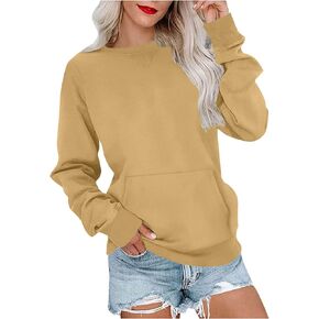 Women's Crew Neck Basic Cute Sweatshirt Long Sleeve Pocket Relaxed Fit Casual Pullover Tops Streerwear Loose Blouse in Saudi Arabia