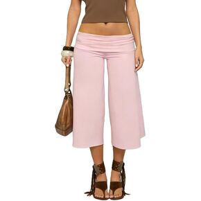 ROAONOCOMO Fold Over Capri Pantd for Women Wide Leg Gaucho Cropped Trousers Y2K Low Rise Fold Waist Casual Lounge Carpris in Saudi Arabia