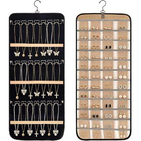 Double-Sided Hanging Jewelry Organizer 48 Pockets 21 Hooks Large Black Storage Bag Jewelry Organizer with Hanger for Closet Wall Door Tangle-Free Holder for Earrings Necklaces Rings Bracelets in Saudi Arabia