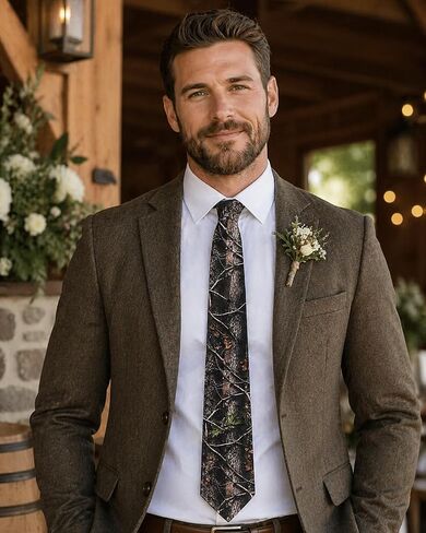 ASVP Shop Camo Necktie for Men Woodland Tree Bark Camouflage Print Tie Hunting Inspired Brown Green Dress Tie for Outdoors Rustic Wedding Work Party in Saudi Arabia