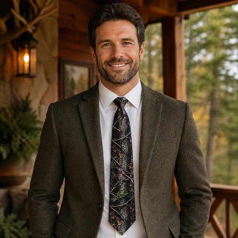 ASVP Shop Camo Necktie for Men Woodland Tree Bark Camouflage Print Tie Hunting Inspired Brown Green Dress Tie for Outdoors Rustic Wedding Work Party in Saudi Arabia