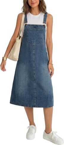 LYANER Women's Button Sleeveless Vintage Long Denim Bib Overall Jumper Dress with Pocket in Kuwait