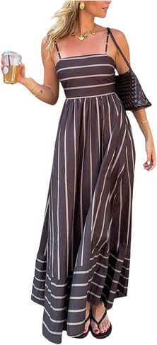 Milumia Women's Striped Spaghetti Strap Dress Smocked Open Back Flowy Long Vacation Dresses in Kuwait