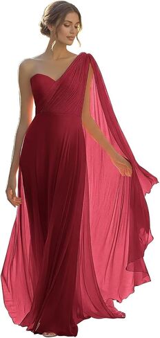 Women's One Shoulder Chiffon Bridesmaid Dress Ruched Sweetheart Formal Evening Gown with Fluttering Cape Sleeve FP99 in Saudi Arabia