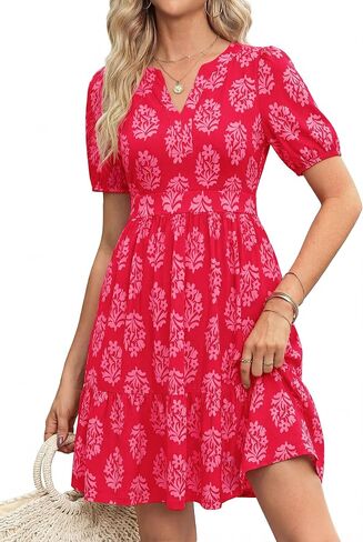 فساتين PRETTYGARDEN الصيفية النسائية بنقشة الزهور بوهو 2026 كاجوال بياقة على شكل V وأكمام منتفخة على شكل حرف A فستان قصير قصير لقضاء إجازة الشاطئ in Kuwait