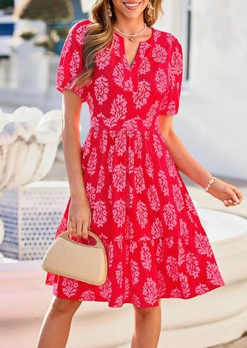 فساتين PRETTYGARDEN الصيفية النسائية بنقشة الزهور بوهو 2026 كاجوال بياقة على شكل V وأكمام منتفخة على شكل حرف A فستان قصير قصير لقضاء إجازة الشاطئ in Kuwait