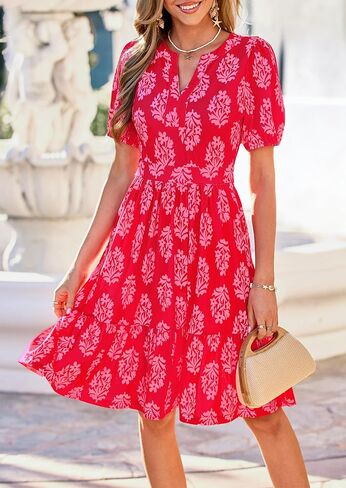 فساتين PRETTYGARDEN الصيفية النسائية بنقشة الزهور بوهو 2026 كاجوال بياقة على شكل V وأكمام منتفخة على شكل حرف A فستان قصير قصير لقضاء إجازة الشاطئ in Kuwait