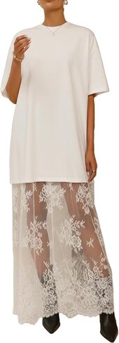 Pinclodly Womens Short Sleeve Lace Maxi Dress Summer Crewneck Patchwork T Shirt Dress 2026 Casual Long Sundress in Saudi Arabia
