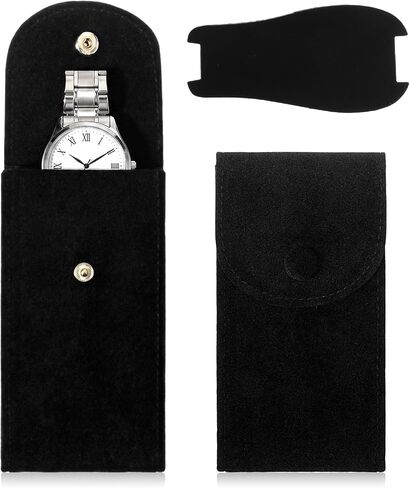 Watch Travel Pouch, 2 Pcs Velvet Watch Pouch Portable Flannelette Watches Storage Bag with Watches Holder with Snap Button for Men Women (Black) in Saudi Arabia