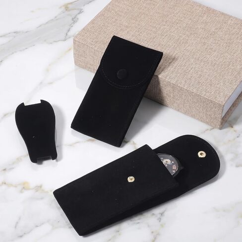 Watch Travel Pouch, 2 Pcs Velvet Watch Pouch Portable Flannelette Watches Storage Bag with Watches Holder with Snap Button for Men Women (Black) in Saudi Arabia