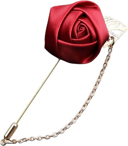 Wine Red Rose Flower Lapel Pin, Handmade Gold Leaf Floral Boutonniere, Satin Tassel Chain Suit Brooch, Wedding Tuxedo Corsage Accessory for Men Groom Groomsman Party in Saudi Arabia