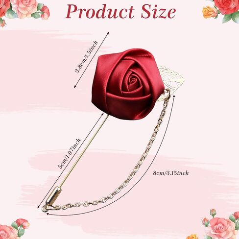 Wine Red Rose Flower Lapel Pin, Handmade Gold Leaf Floral Boutonniere, Satin Tassel Chain Suit Brooch, Wedding Tuxedo Corsage Accessory for Men Groom Groomsman Party in Saudi Arabia