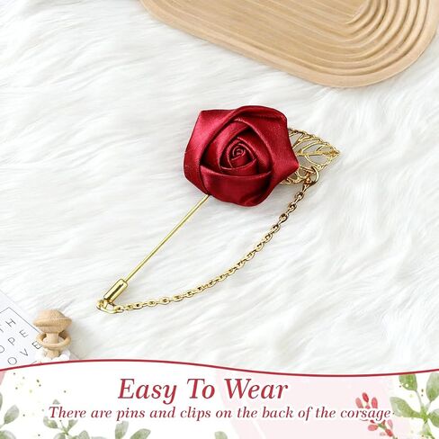 Wine Red Rose Flower Lapel Pin, Handmade Gold Leaf Floral Boutonniere, Satin Tassel Chain Suit Brooch, Wedding Tuxedo Corsage Accessory for Men Groom Groomsman Party in Saudi Arabia