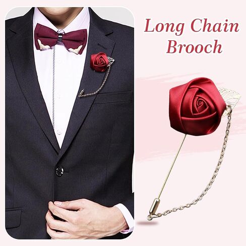 Wine Red Rose Flower Lapel Pin, Handmade Gold Leaf Floral Boutonniere, Satin Tassel Chain Suit Brooch, Wedding Tuxedo Corsage Accessory for Men Groom Groomsman Party in Saudi Arabia