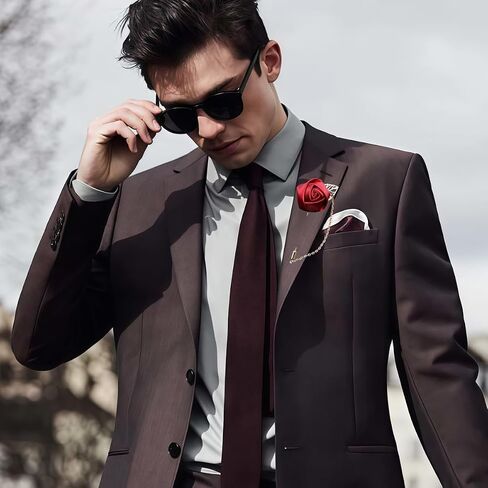 Wine Red Rose Flower Lapel Pin, Handmade Gold Leaf Floral Boutonniere, Satin Tassel Chain Suit Brooch, Wedding Tuxedo Corsage Accessory for Men Groom Groomsman Party in Saudi Arabia