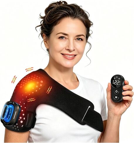 Shoulder Heating Pad with Massager, Shoulders Massager with Heat, Portable Shoulder Brace with Magnetic Detachable Remote Control, 5 Heat & 5 Vibration Modes, Adjustable Size for Men and Women in Saudi Arabia