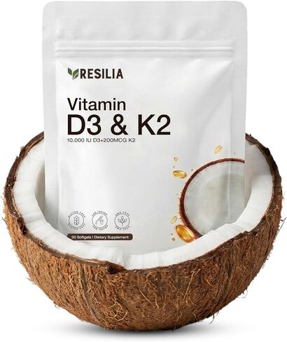 Resilia D3 K2 Vitamin 10000 IU + MK-7 200 mcg – High Potency Softgels with Coconut Oil for Maximum Absorption – Supports Bone Strength, Heart Health & Immune System – (30 Count) in Saudi Arabia