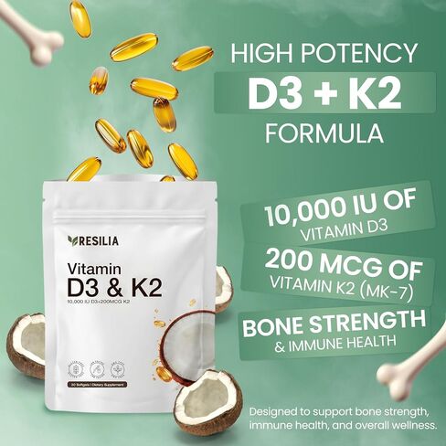 Resilia D3 K2 Vitamin 10000 IU + MK-7 200 mcg – High Potency Softgels with Coconut Oil for Maximum Absorption – Supports Bone Strength, Heart Health & Immune System – (30 Count) in Saudi Arabia