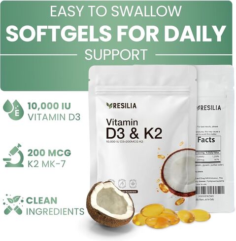 Resilia D3 K2 Vitamin 10000 IU + MK-7 200 mcg – High Potency Softgels with Coconut Oil for Maximum Absorption – Supports Bone Strength, Heart Health & Immune System – (30 Count) in Saudi Arabia