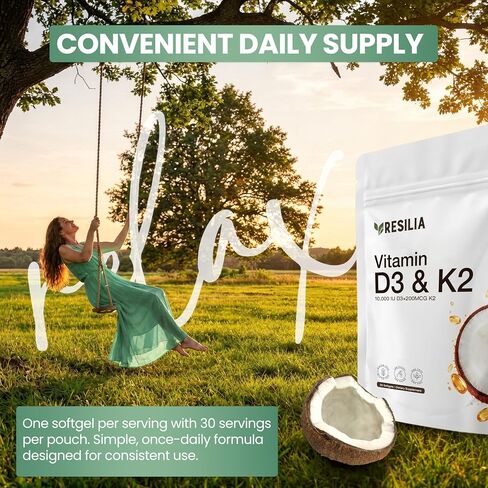 Resilia D3 K2 Vitamin 10000 IU + MK-7 200 mcg – High Potency Softgels with Coconut Oil for Maximum Absorption – Supports Bone Strength, Heart Health & Immune System – (30 Count) in Saudi Arabia