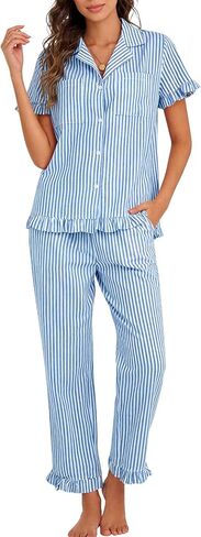 COZYPOIN Women's Cotton Pajama Sets Striped Short Sleeve Top Long Pants 2 Piece Pjs Sets Cute Ruffle Sleepwear Loungewear(Blue-L) in Saudi Arabia