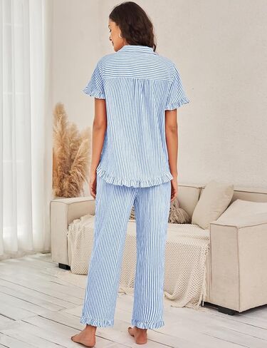 COZYPOIN Women's Cotton Pajama Sets Striped Short Sleeve Top Long Pants 2 Piece Pjs Sets Cute Ruffle Sleepwear Loungewear(Blue-L) in Saudi Arabia