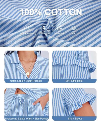 COZYPOIN Women's Cotton Pajama Sets Striped Short Sleeve Top Long Pants 2 Piece Pjs Sets Cute Ruffle Sleepwear Loungewear(Blue-L) in Saudi Arabia