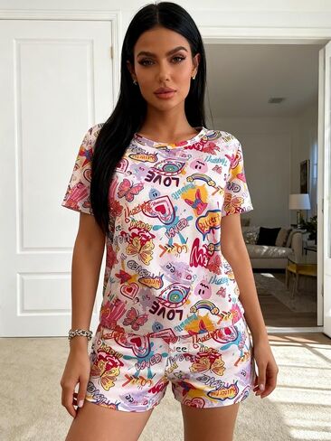 طقم ملابس نوم نسائي طقم بيجامة شورتات ناعم مطبوع عليه رسومات وأكمام قصيرة ملابس نوم متطابقة ملابس كاجوال in Kuwait
