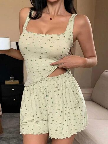 طقم بيجامات نسائي Pj ناعم بدون أكمام وسروال قصير صيفي غير رسمي مزين بالزهور طقم ملابس نوم مكون من قطعتين مع جيوب in Kuwait