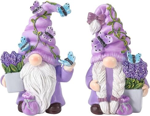 2Pcs Spring Lavender Gnomes Decor, Resin Purple Gnome Figurines with Butterfly, Indoor Outdoor Garden Gnomes Decorations for Home Yard, Cute Spring Gnomes Gifts for Women in Saudi Arabia