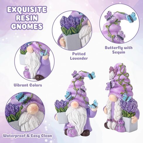 2Pcs Spring Lavender Gnomes Decor, Resin Purple Gnome Figurines with Butterfly, Indoor Outdoor Garden Gnomes Decorations for Home Yard, Cute Spring Gnomes Gifts for Women in Saudi Arabia