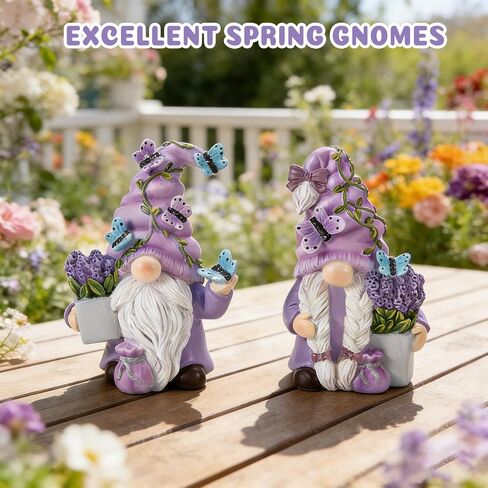 2Pcs Spring Lavender Gnomes Decor, Resin Purple Gnome Figurines with Butterfly, Indoor Outdoor Garden Gnomes Decorations for Home Yard, Cute Spring Gnomes Gifts for Women in Saudi Arabia