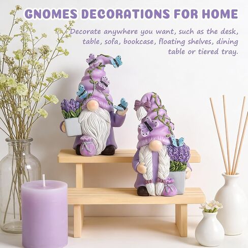 2Pcs Spring Lavender Gnomes Decor, Resin Purple Gnome Figurines with Butterfly, Indoor Outdoor Garden Gnomes Decorations for Home Yard, Cute Spring Gnomes Gifts for Women in Saudi Arabia