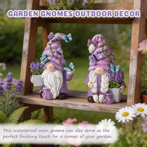 2Pcs Spring Lavender Gnomes Decor, Resin Purple Gnome Figurines with Butterfly, Indoor Outdoor Garden Gnomes Decorations for Home Yard, Cute Spring Gnomes Gifts for Women in Saudi Arabia