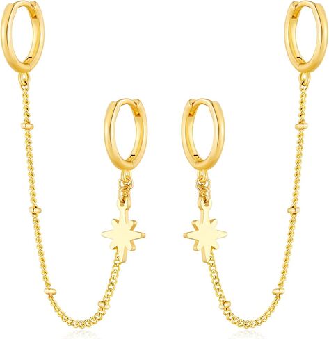 Gold Chain Hoop Earrings for Women 14K Gold Plated Double Piercing Earrings Dainty Small Huggie Hoop Minimalist Dangle Chain Star Earrings Jewelry Gift in Saudi Arabia