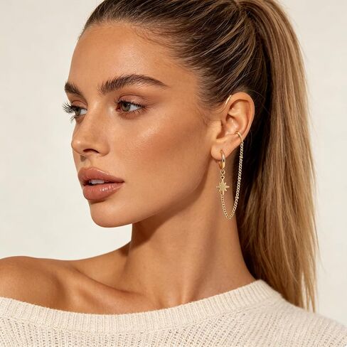 Gold Chain Hoop Earrings for Women 14K Gold Plated Double Piercing Earrings Dainty Small Huggie Hoop Minimalist Dangle Chain Star Earrings Jewelry Gift in Saudi Arabia