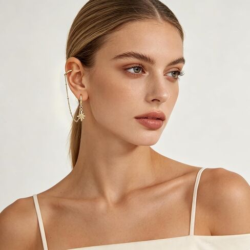 Gold Chain Hoop Earrings for Women 14K Gold Plated Double Piercing Earrings Dainty Small Huggie Hoop Minimalist Dangle Chain Star Earrings Jewelry Gift in Saudi Arabia