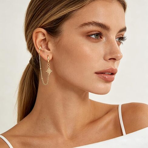 Gold Chain Hoop Earrings for Women 14K Gold Plated Double Piercing Earrings Dainty Small Huggie Hoop Minimalist Dangle Chain Star Earrings Jewelry Gift in Saudi Arabia