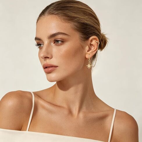 Gold Chain Hoop Earrings for Women 14K Gold Plated Double Piercing Earrings Dainty Small Huggie Hoop Minimalist Dangle Chain Star Earrings Jewelry Gift in Saudi Arabia