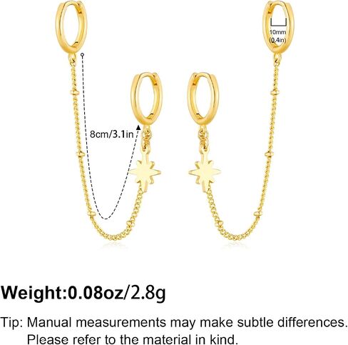 Gold Chain Hoop Earrings for Women 14K Gold Plated Double Piercing Earrings Dainty Small Huggie Hoop Minimalist Dangle Chain Star Earrings Jewelry Gift in Saudi Arabia