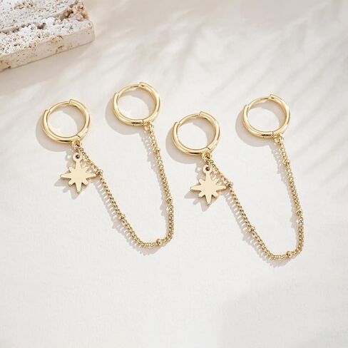 Gold Chain Hoop Earrings for Women 14K Gold Plated Double Piercing Earrings Dainty Small Huggie Hoop Minimalist Dangle Chain Star Earrings Jewelry Gift in Saudi Arabia