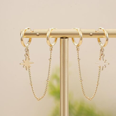 Gold Chain Hoop Earrings for Women 14K Gold Plated Double Piercing Earrings Dainty Small Huggie Hoop Minimalist Dangle Chain Star Earrings Jewelry Gift in Saudi Arabia