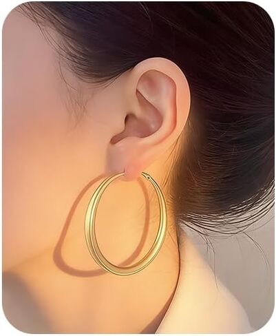 Gold Hoop Earrings for Women Matte Chunky Gold Hoop Earrings Hypoallergenic 925 Sterling Lightweight Loops Thick 40mm/50mm/60mm Hoop Earring Minimalist Style Jewelry Gifts (50mm) in Saudi Arabia