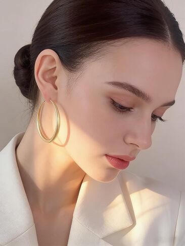 Gold Hoop Earrings for Women Matte Chunky Gold Hoop Earrings Hypoallergenic 925 Sterling Lightweight Loops Thick 40mm/50mm/60mm Hoop Earring Minimalist Style Jewelry Gifts (50mm) in Saudi Arabia