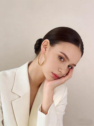 Gold Hoop Earrings for Women Matte Chunky Gold Hoop Earrings Hypoallergenic 925 Sterling Lightweight Loops Thick 40mm/50mm/60mm Hoop Earring Minimalist Style Jewelry Gifts (50mm) in Saudi Arabia