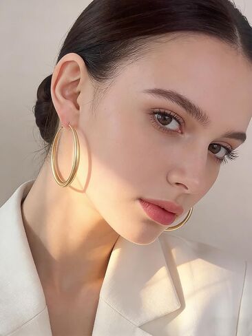 Gold Hoop Earrings for Women Matte Chunky Gold Hoop Earrings Hypoallergenic 925 Sterling Lightweight Loops Thick 40mm/50mm/60mm Hoop Earring Minimalist Style Jewelry Gifts (50mm) in Saudi Arabia