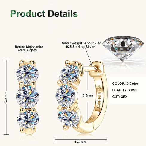3-Stone Moissanite Hoop Earrings, 1.2cttw D Color VVS1 Clarity 925 Sterling Silver Huggies Earring for Women and Men Birthday Wedding Jewelry Gifts in Kuwait