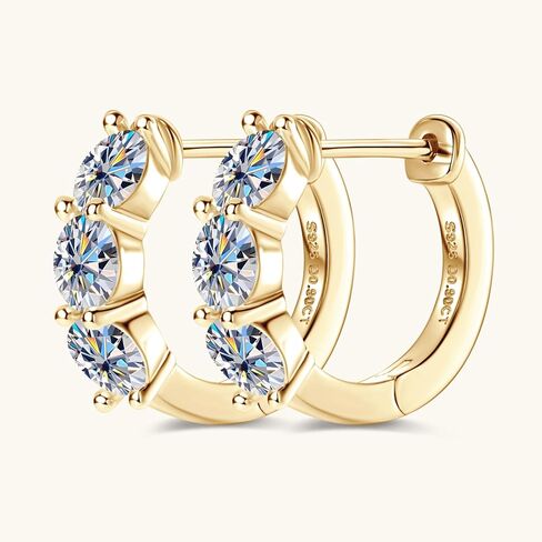 3-Stone Moissanite Hoop Earrings, 1.2cttw D Color VVS1 Clarity 925 Sterling Silver Huggies Earring for Women and Men Birthday Wedding Jewelry Gifts in Kuwait