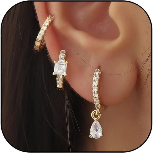 3 Pairs Gold Hoop Earrings for Women 14K Gold Plated Rhinestone Hoop Earrings Dainty Lightweight CZ Small Huggie Hoop Earrings Hypoallergenic Jewelry Gifts for Women in Saudi Arabia